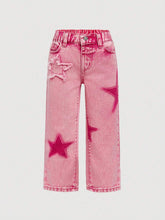 Little Girls' Cotton Denim Jeans, Star Printed, Outdoor Leisure Fashion, Water Washed